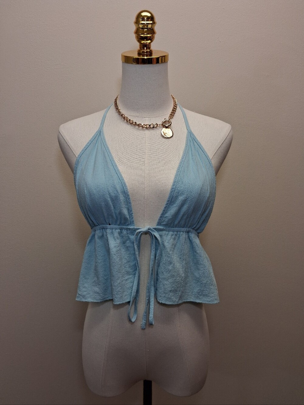 SHEIN Light Blue Halter Peplum Crop Top Tie Back Size Small